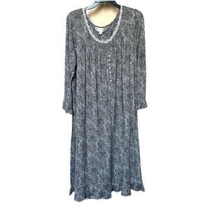 Eileen West Nightgown Lg Long 3/4 Sleeve Pullover Floral Gray White Mature Cozy